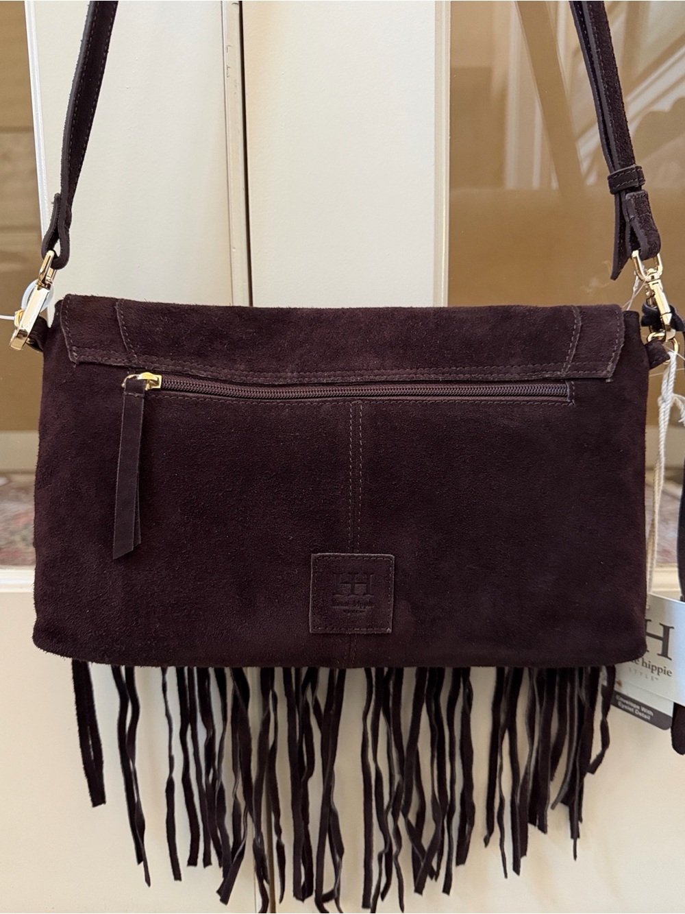Haute Hippie Women’s Dark Brown Genuine Suede Grommet Fringe Flap Crossbody Bag - Picture 7 of 10
